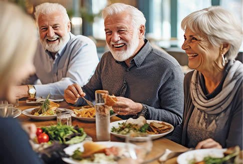 elderly friends eating dinner in restaurant.
